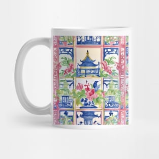 Preppy trellis chinoiserie pagodas, flowers and birds Mug